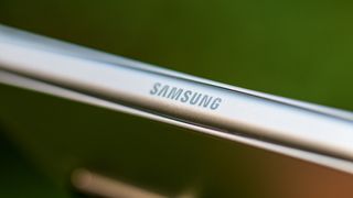 Close-up on Samsung logo on Galaxy Z Fold 6 hinge