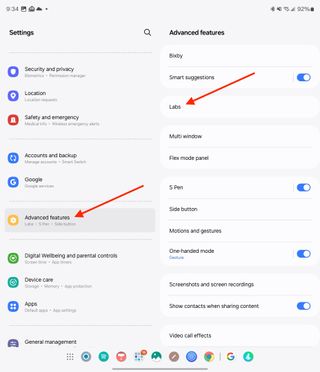 Labs settings on the Galaxy Z Fold 6